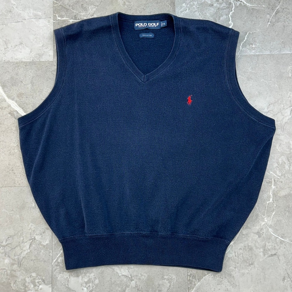 Vintage Polo Golf Sweater Vest Mens Medium Ralph Lauren V Neck Navy Blue Cotton
